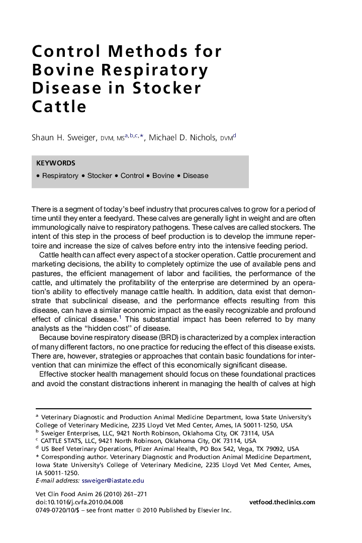 Control Methods for Bovine Respiratory Disease in Stocker Cattle