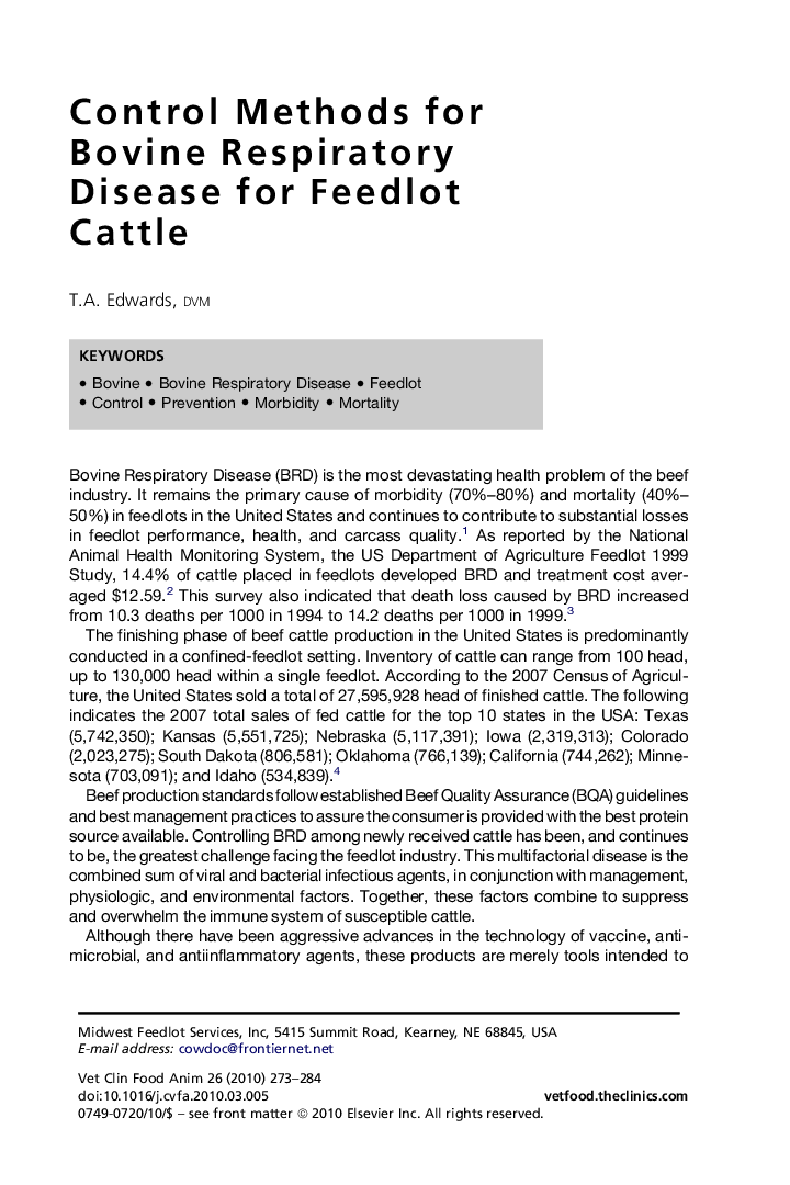 عکس صفحه اول مقاله: Control Methods for Bovine Respiratory Disease for Feedlot Cattle Control Methods for Bovine Respiratory Disease for Feedlot Cattle