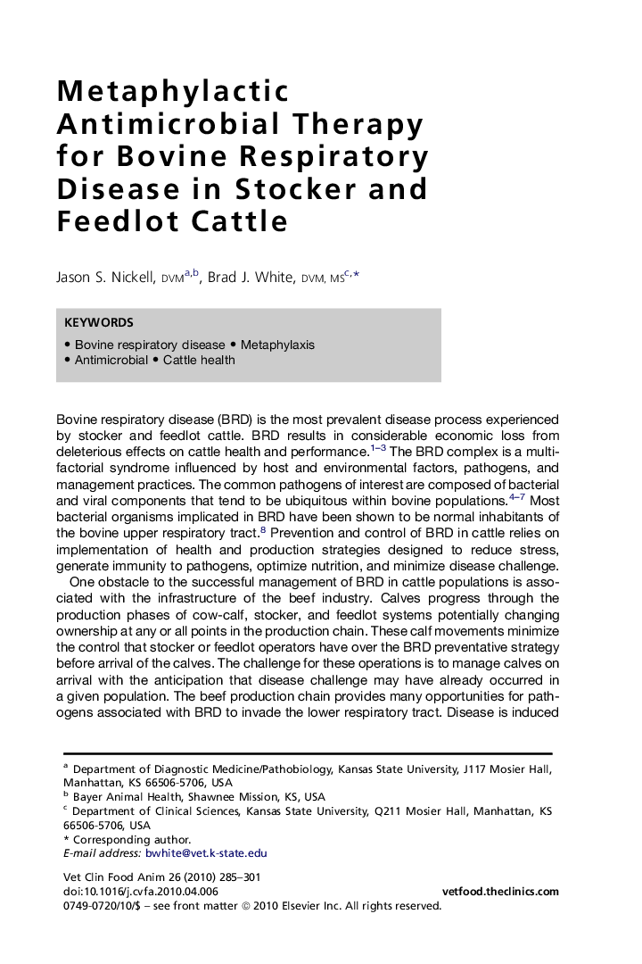 Metaphylactic Antimicrobial Therapy for Bovine Respiratory Disease in Stocker and Feedlot Cattle