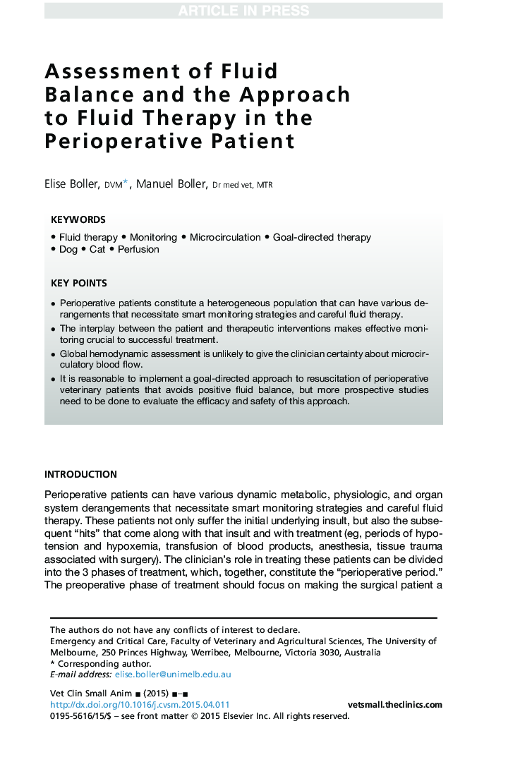 Assessment of Fluid Balance and the Approach to Fluid Therapy in the Perioperative Patient