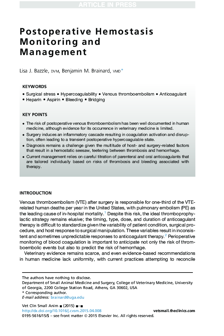 Postoperative Hemostasis Monitoring and Management