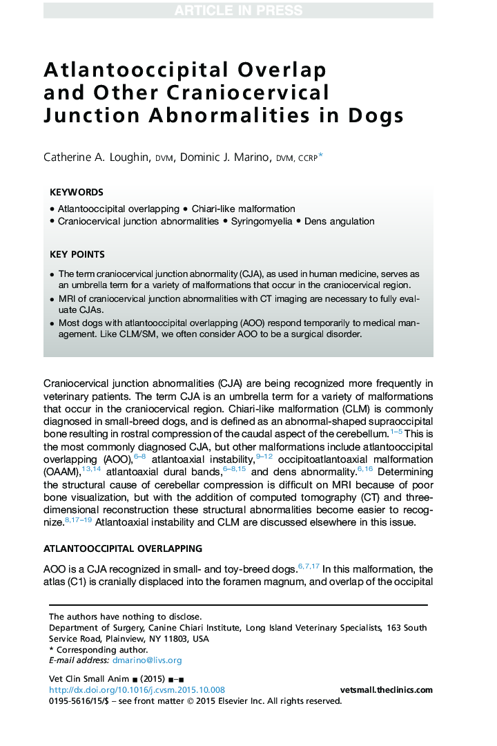 Atlantooccipital Overlap and Other Craniocervical Junction Abnormalities in Dogs