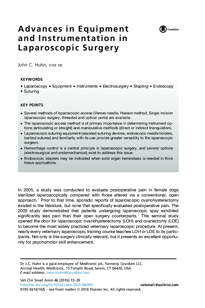 Advances in Equipment and Instrumentation in Laparoscopic Surgery