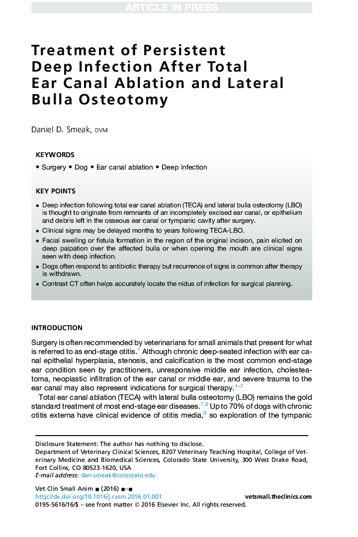 Treatment of Persistent Deep Infection After Total Ear Canal Ablation and Lateral Bulla Osteotomy