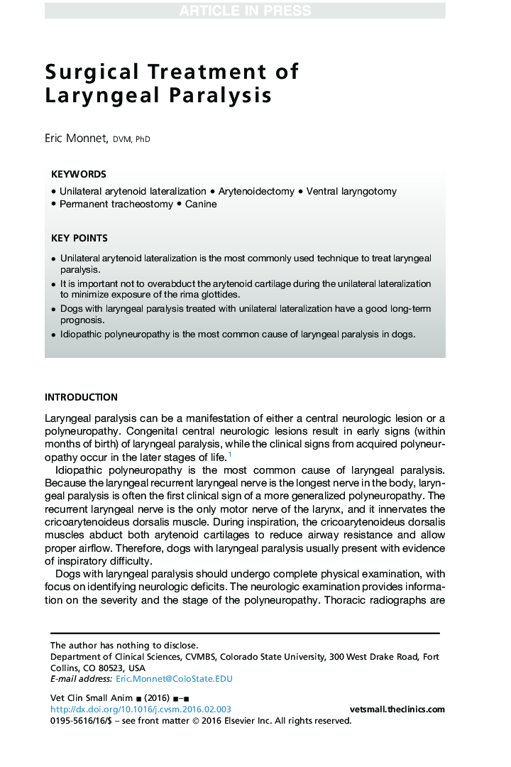 Surgical Treatment of Laryngeal Paralysis