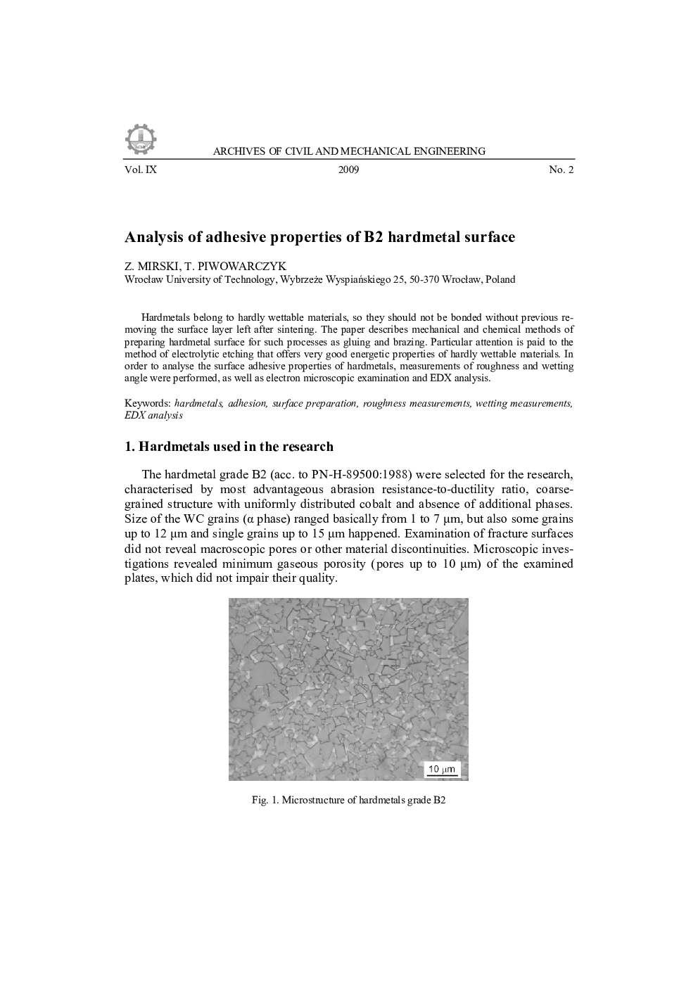 Analysis of adhesive properties of B2 hardmetal surface