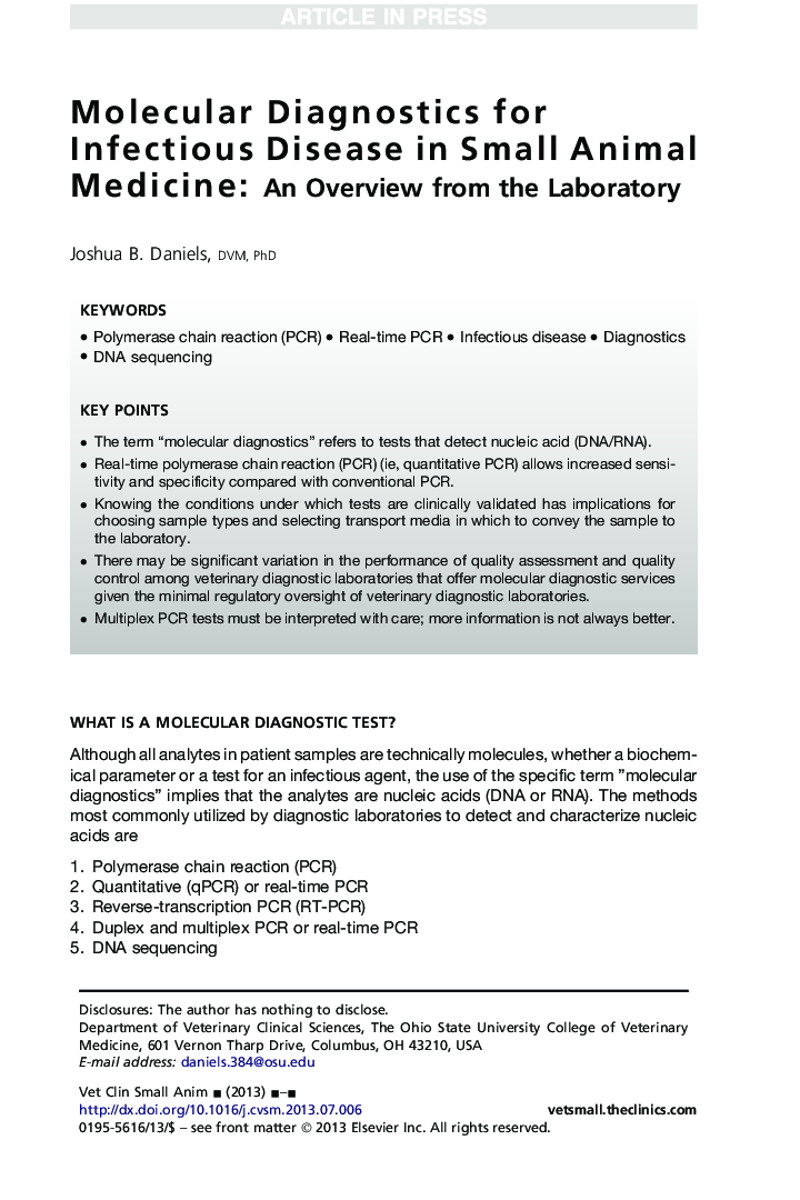 Molecular Diagnostics for Infectious Disease in Small Animal Medicine