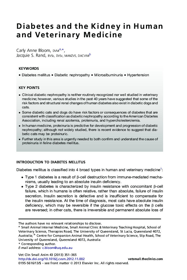 Diabetes and the Kidney in Human and Veterinary Medicine