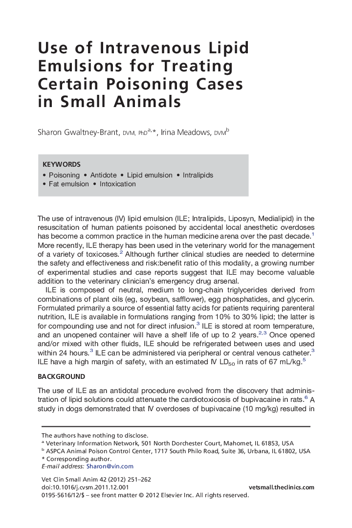 Use of Intravenous Lipid Emulsions for Treating Certain Poisoning Cases in Small Animals
