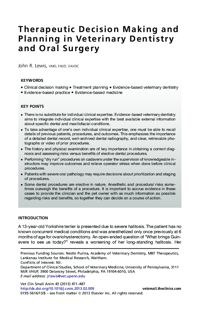 Therapeutic Decision Making and Planning in Veterinary Dentistry and Oral Surgery