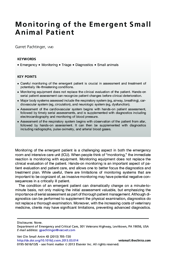 Monitoring of the Emergent Small Animal Patient