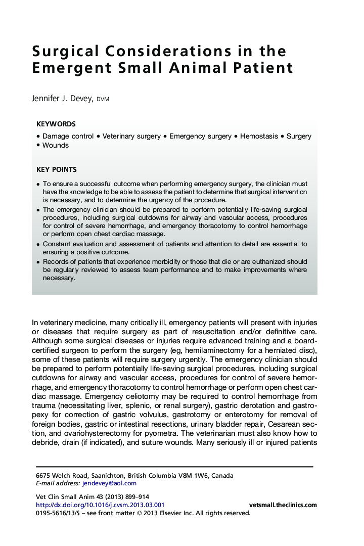 Surgical Considerations in the Emergent Small Animal Patient