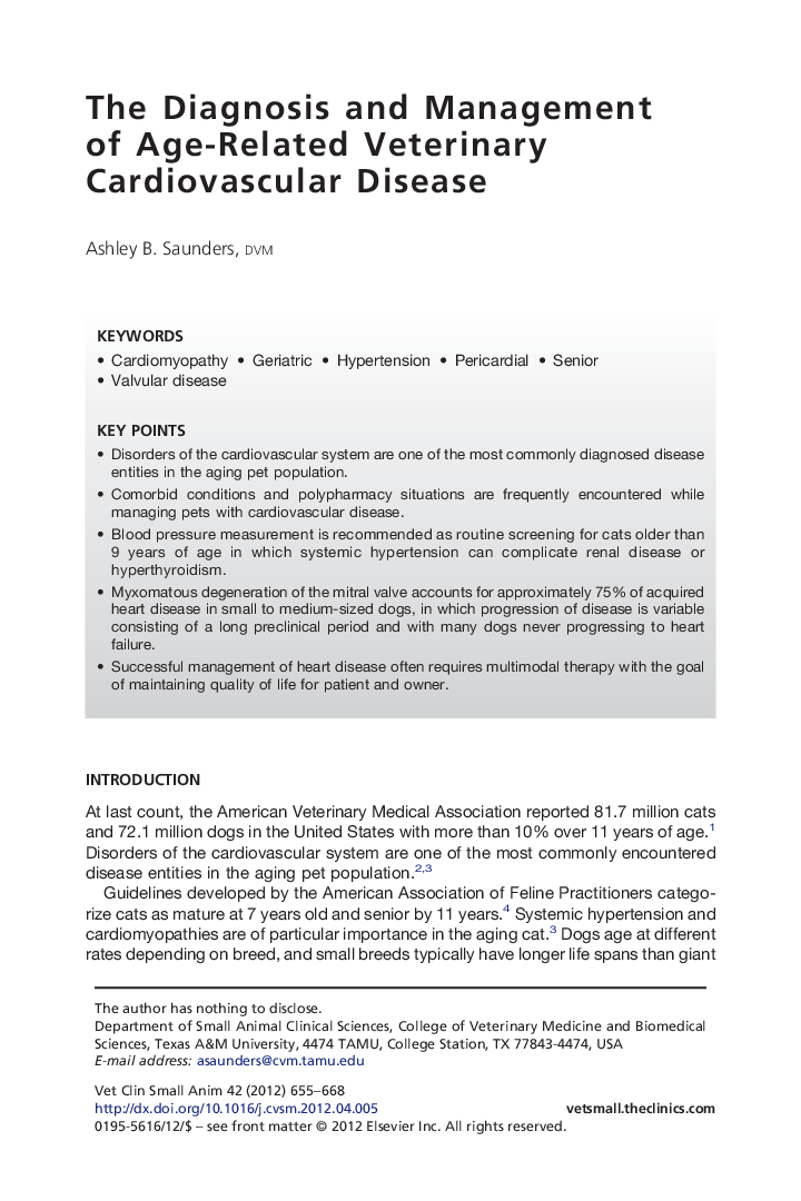 The Diagnosis and Management of Age-Related Veterinary Cardiovascular Disease