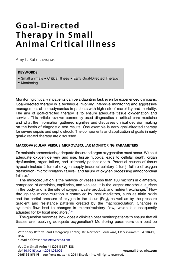 Goal-Directed Therapy in Small Animal Critical Illness