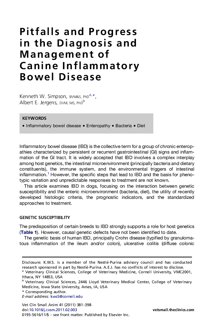 Pitfalls and Progress in the Diagnosis and Management of Canine Inflammatory Bowel Disease