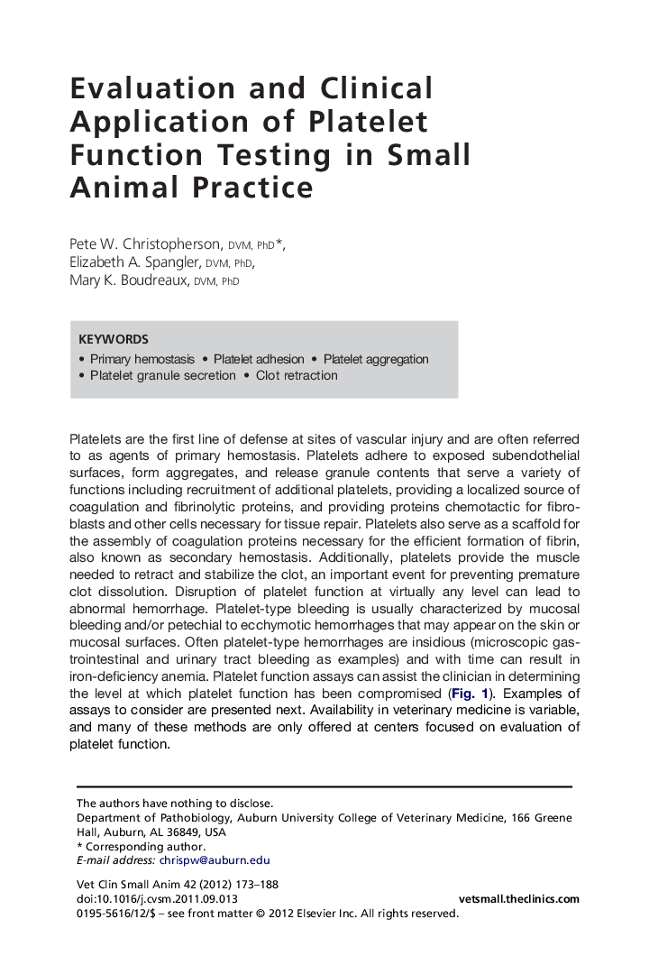 Evaluation and Clinical Application of Platelet Function Testing in Small Animal Practice