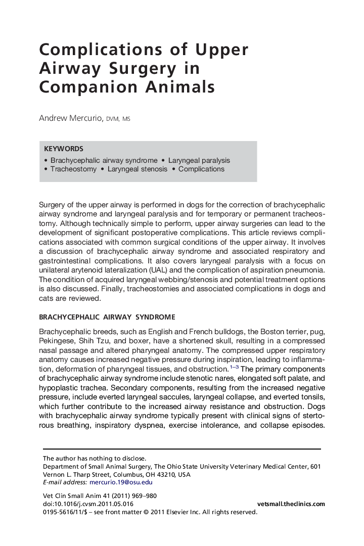 Complications of Upper Airway Surgery in Companion Animals