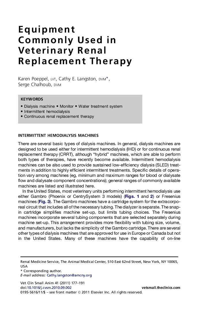 Equipment Commonly Used in Veterinary Renal Replacement Therapy