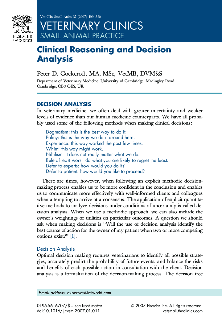 Clinical Reasoning and Decision Analysis