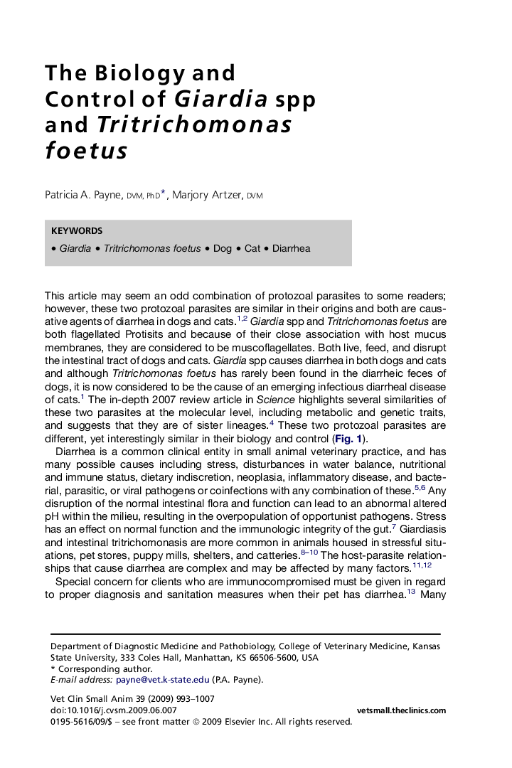 The Biology and Control of Giardia spp and Tritrichomonas foetus