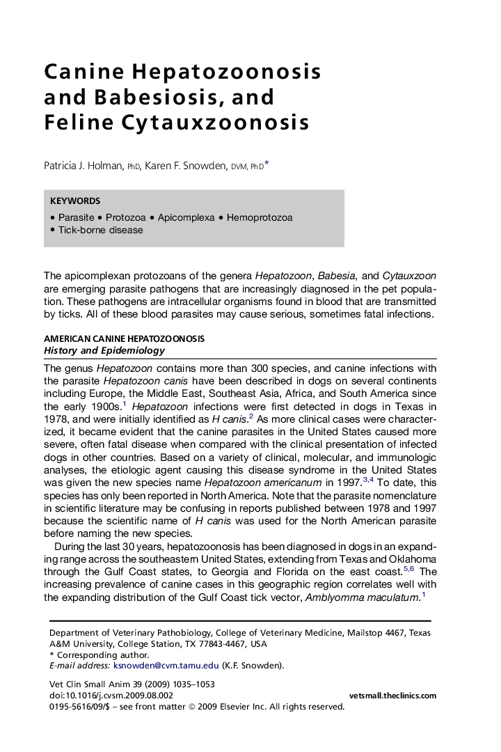 Canine Hepatozoonosis and Babesiosis, and Feline Cytauxzoonosis