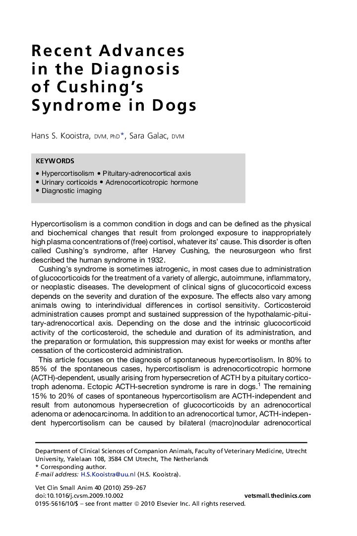 Recent Advances in the Diagnosis of Cushing's Syndrome in Dogs