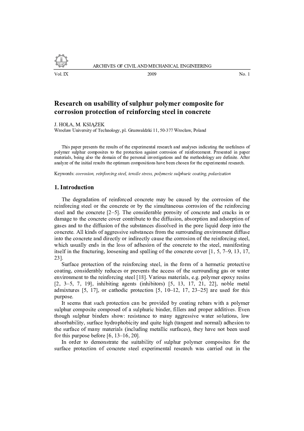 Research on usability of sulphur polymer composite for corrosion protection of reinforcing steel in concrete