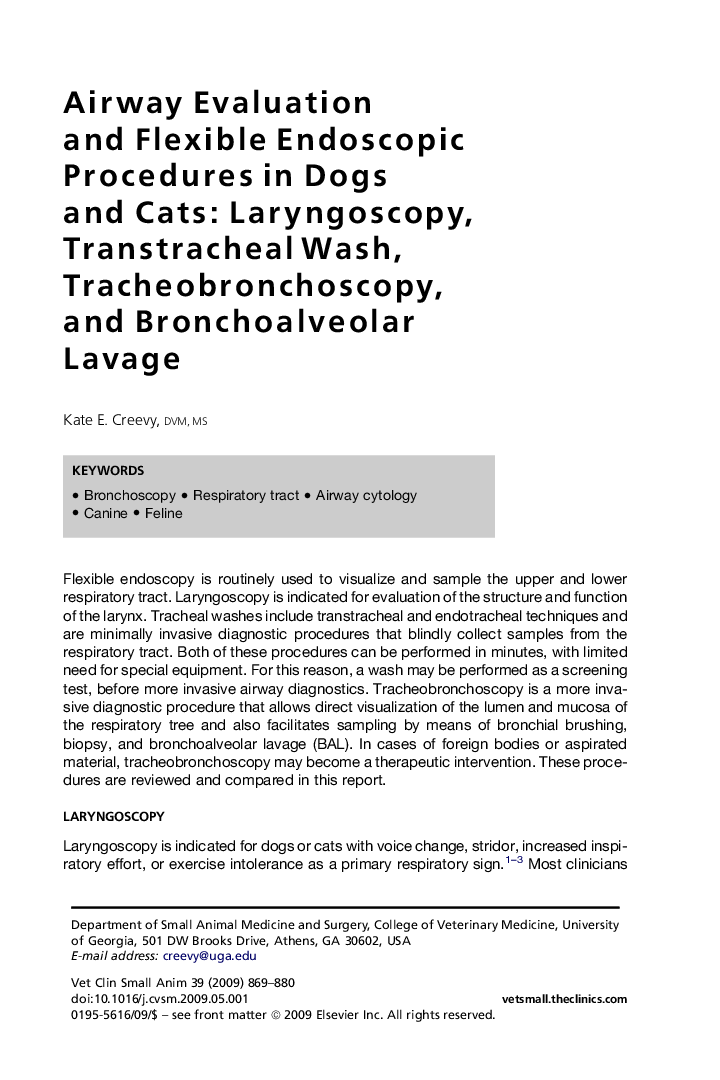 Airway Evaluation and Flexible Endoscopic Procedures in Dogs and Cats: Laryngoscopy, Transtracheal Wash, Tracheobronchoscopy, and Bronchoalveolar Lavage