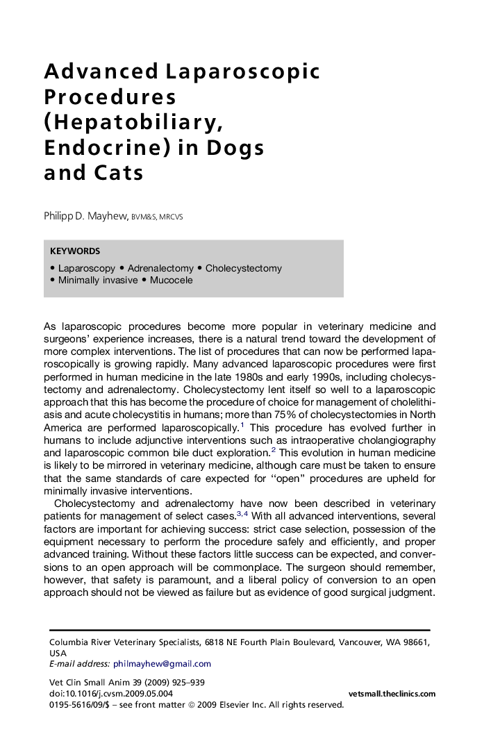 Advanced Laparoscopic Procedures (Hepatobiliary, Endocrine) in Dogs and Cats