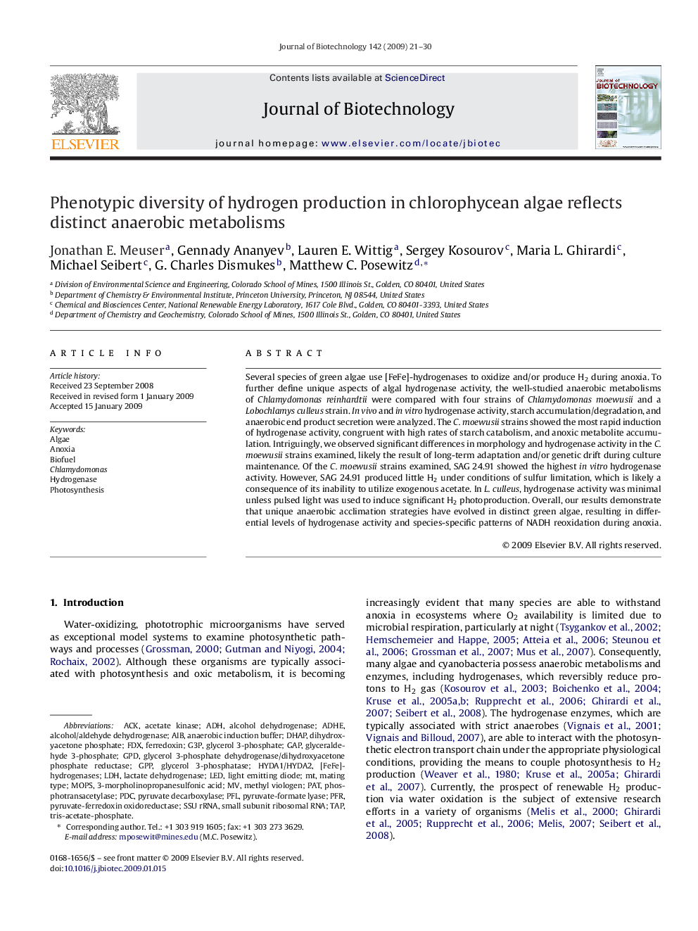 Phenotypic diversity of hydrogen production in chlorophycean algae reflects distinct anaerobic metabolisms