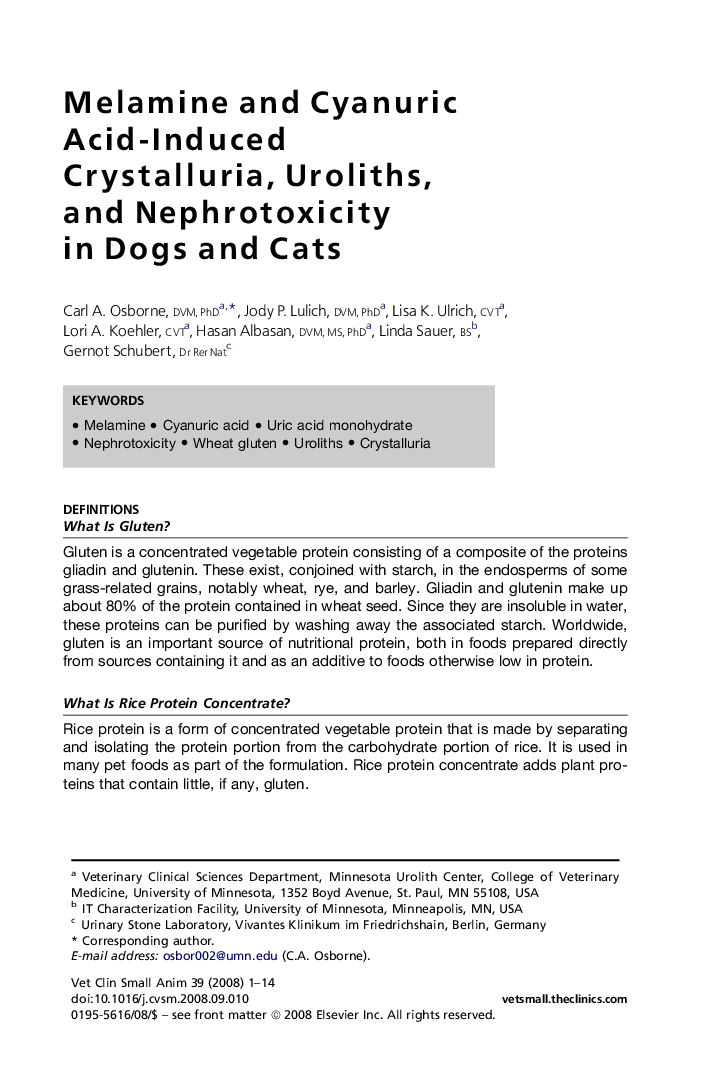 Melamine and Cyanuric Acid-Induced Crystalluria, Uroliths, and Nephrotoxicity in Dogs and Cats