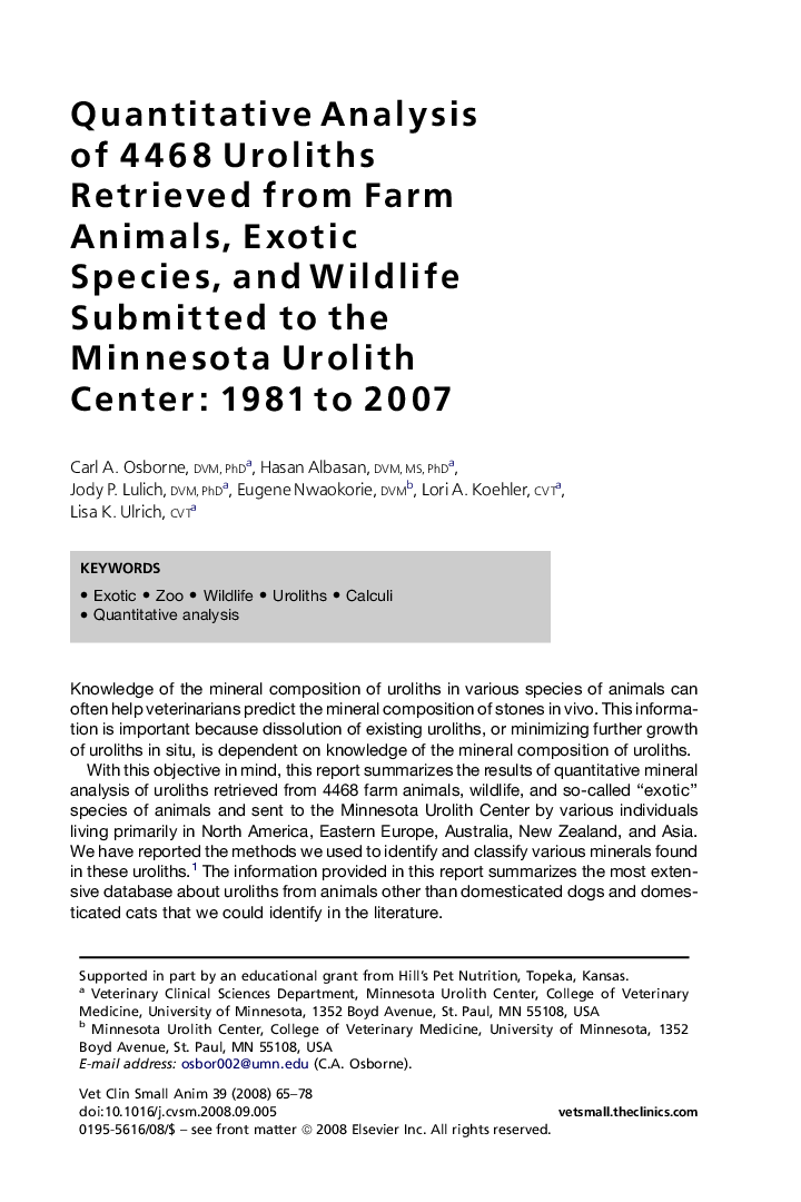 Quantitative Analysis of 4468 Uroliths Retrieved from Farm Animals, Exotic Species, and Wildlife Submitted to the Minnesota Urolith Center: 1981 to 2007