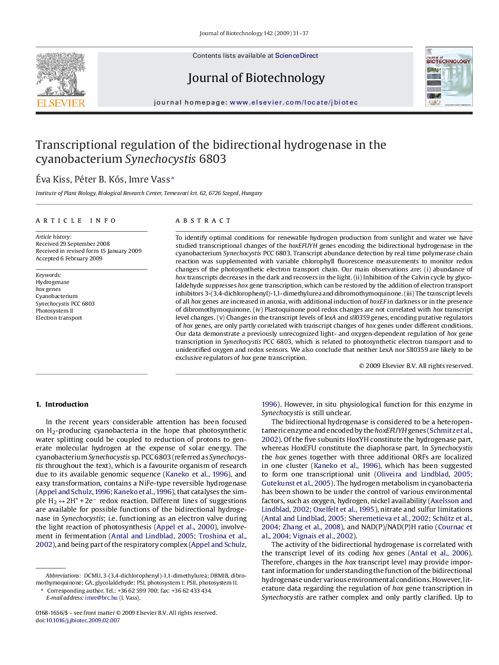 Transcriptional regulation of the bidirectional hydrogenase in the cyanobacterium Synechocystis 6803