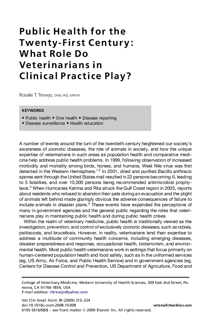 Public Health for the Twenty-First Century: What Role Do Veterinarians in Clinical Practice Play?