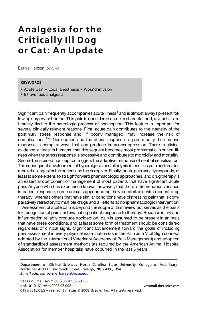 Analgesia for the Critically Ill Dog or Cat: An Update