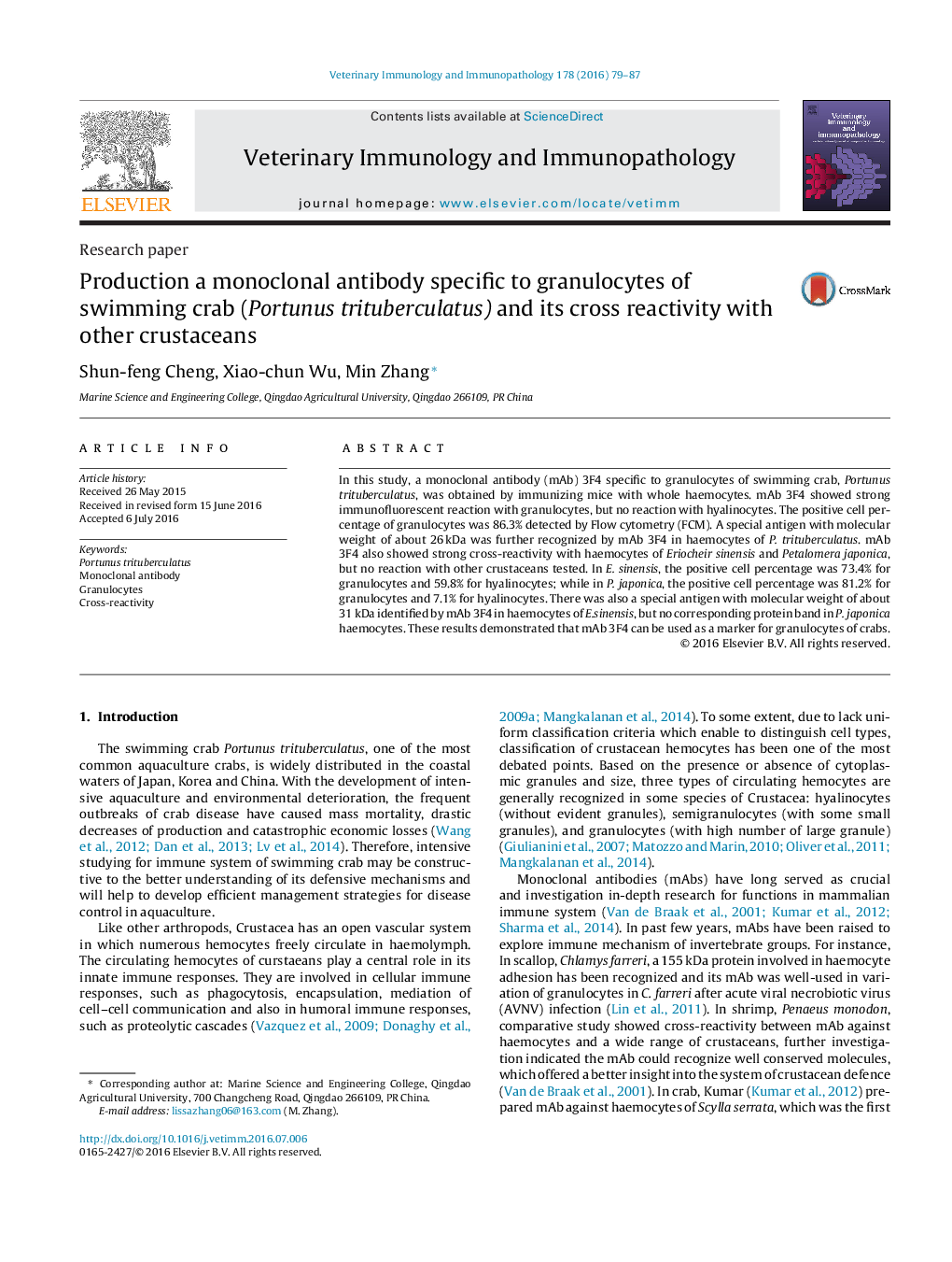 Production a monoclonal antibody specific to granulocytes of swimming crab (Portunus trituberculatus) and its cross reactivity with other crustaceans