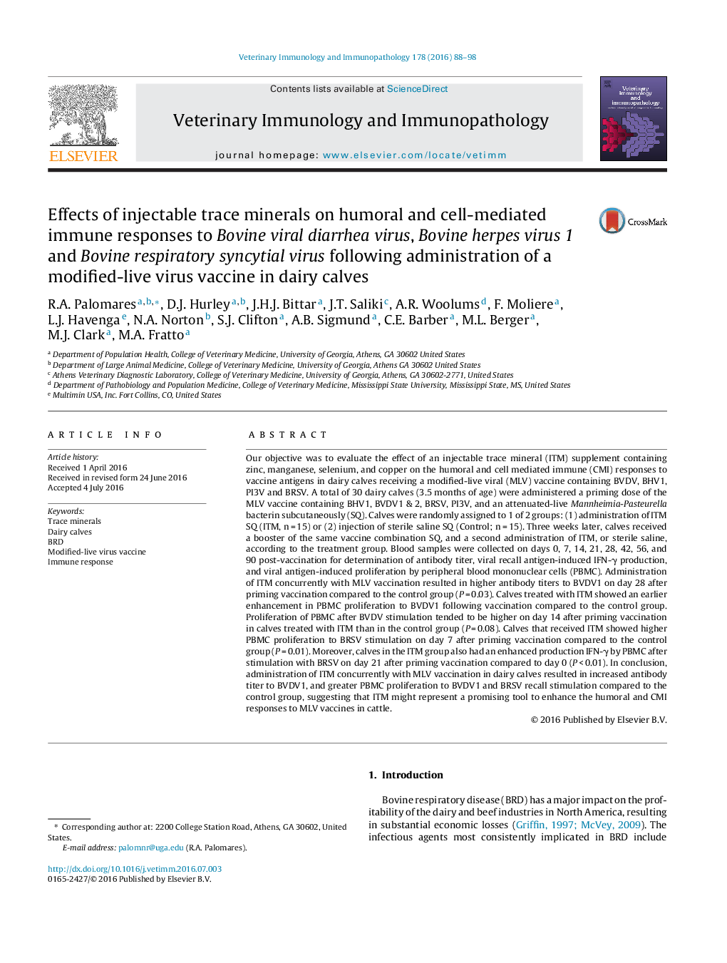 Effects of injectable trace minerals on humoral and cell-mediated immune responses to Bovine viral diarrhea virus, Bovine herpes virus 1 and Bovine respiratory syncytial virus following administration of a modified-live virus vaccine in dairy calves