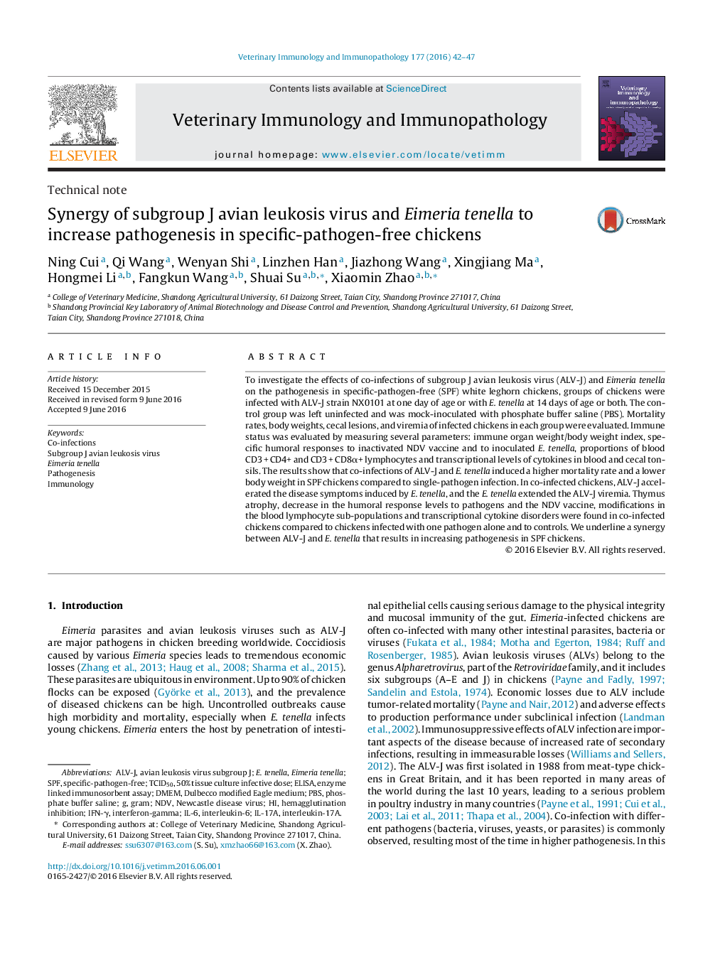 Synergy of subgroup J avian leukosis virus and Eimeria tenella to increase pathogenesis in specific-pathogen-free chickens