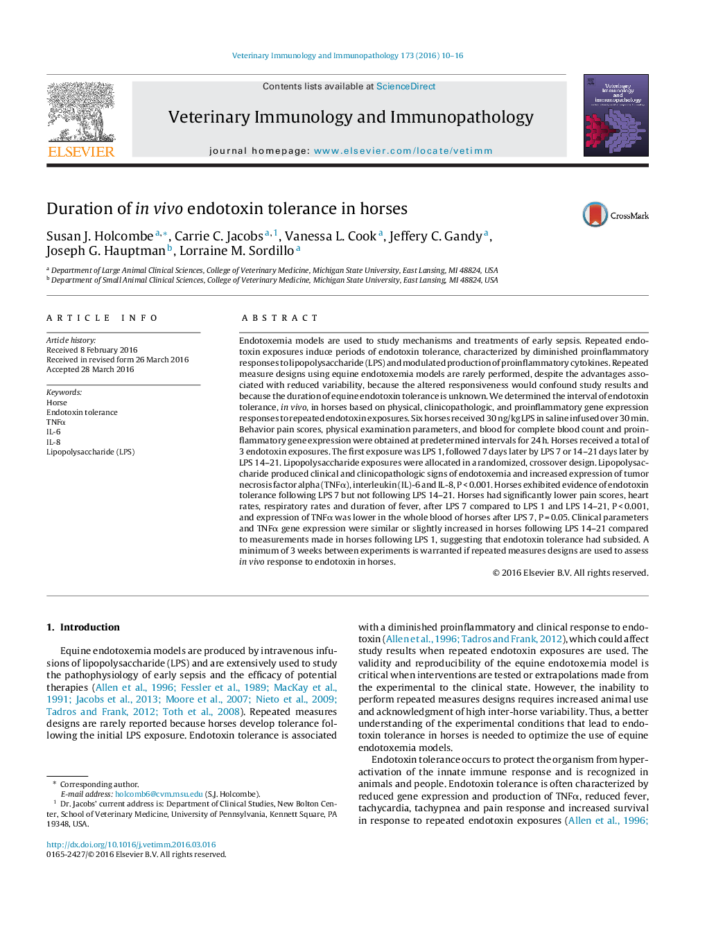 Duration of in vivo endotoxin tolerance in horses