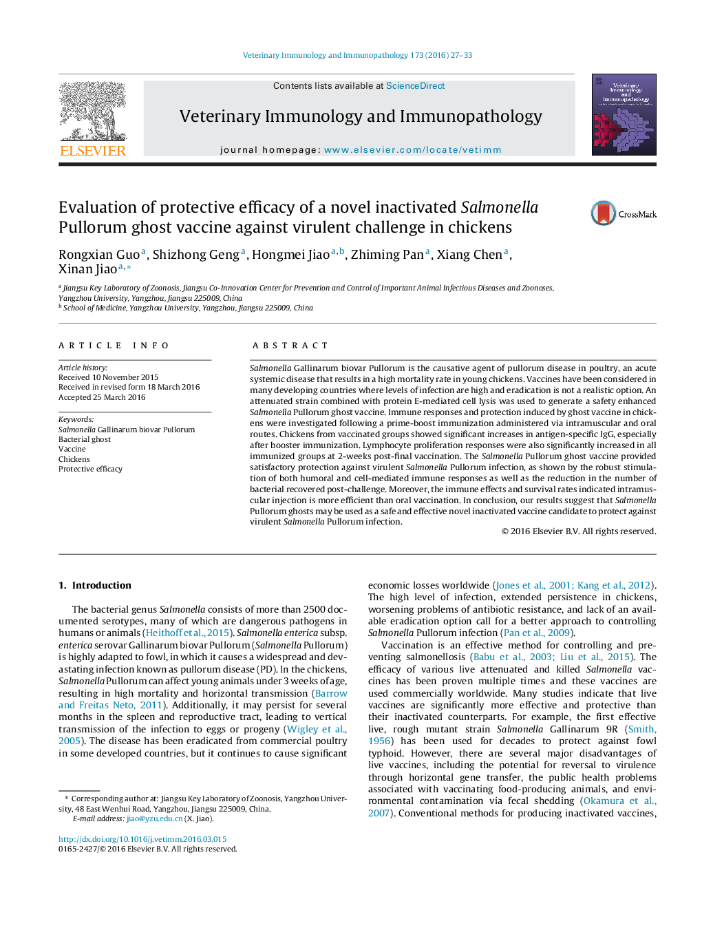 Evaluation of protective efficacy of a novel inactivated Salmonella Pullorum ghost vaccine against virulent challenge in chickens