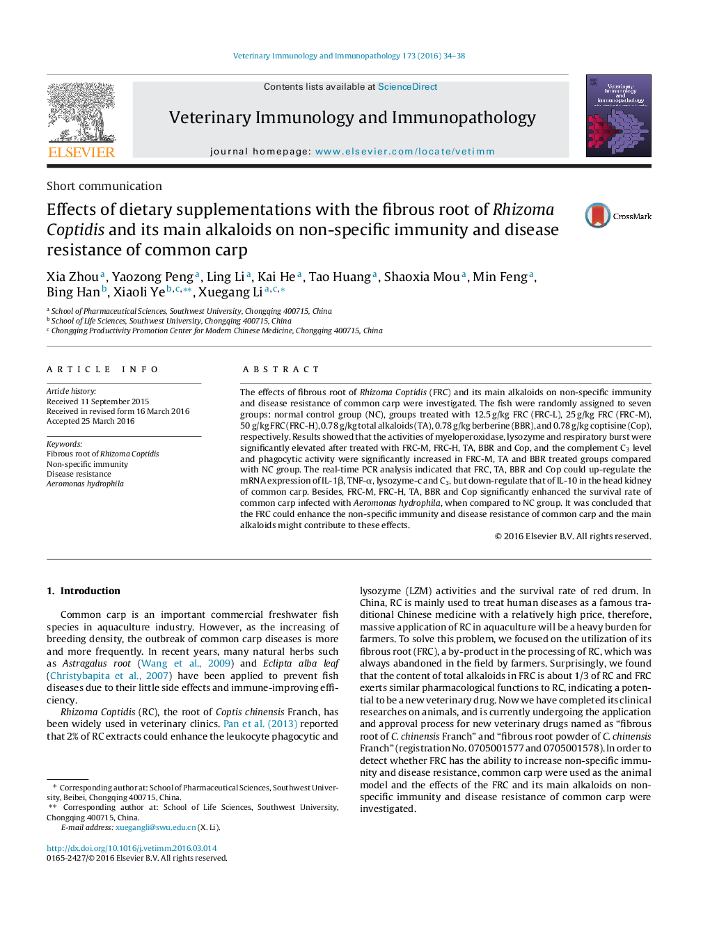 Effects of dietary supplementations with the fibrous root of Rhizoma Coptidis and its main alkaloids on non-specific immunity and disease resistance of common carp