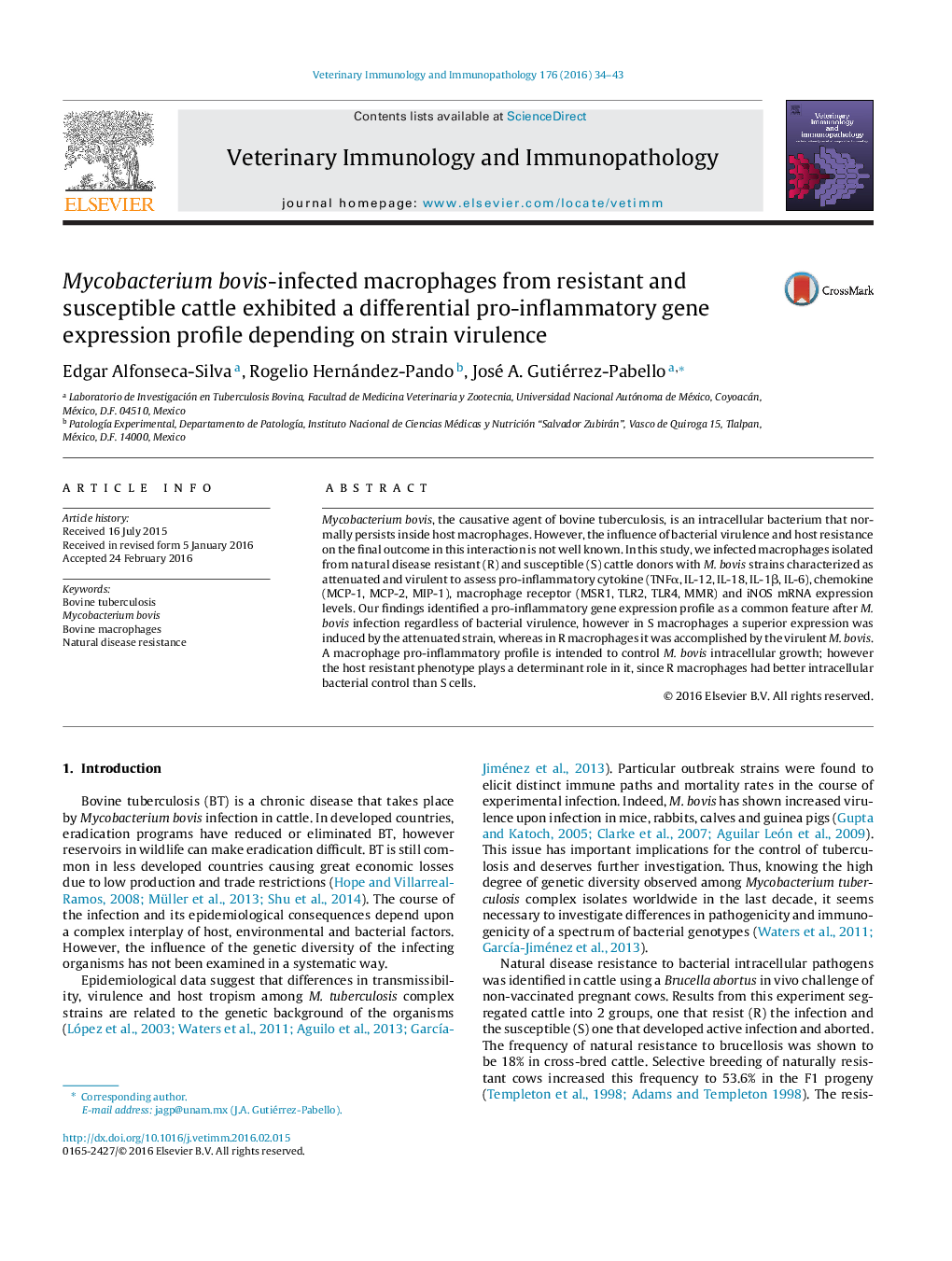 Mycobacterium bovis-infected macrophages from resistant and susceptible cattle exhibited a differential pro-inflammatory gene expression profile depending on strain virulence