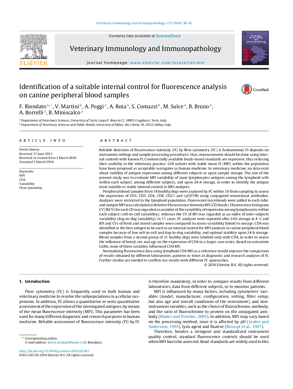 Identification of a suitable internal control for fluorescence analysis on canine peripheral blood samples