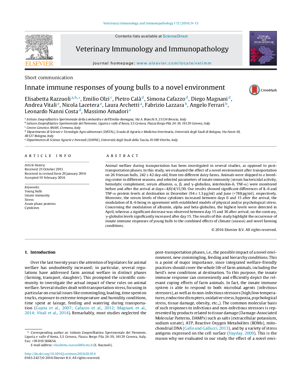 Innate immune responses of young bulls to a novel environment