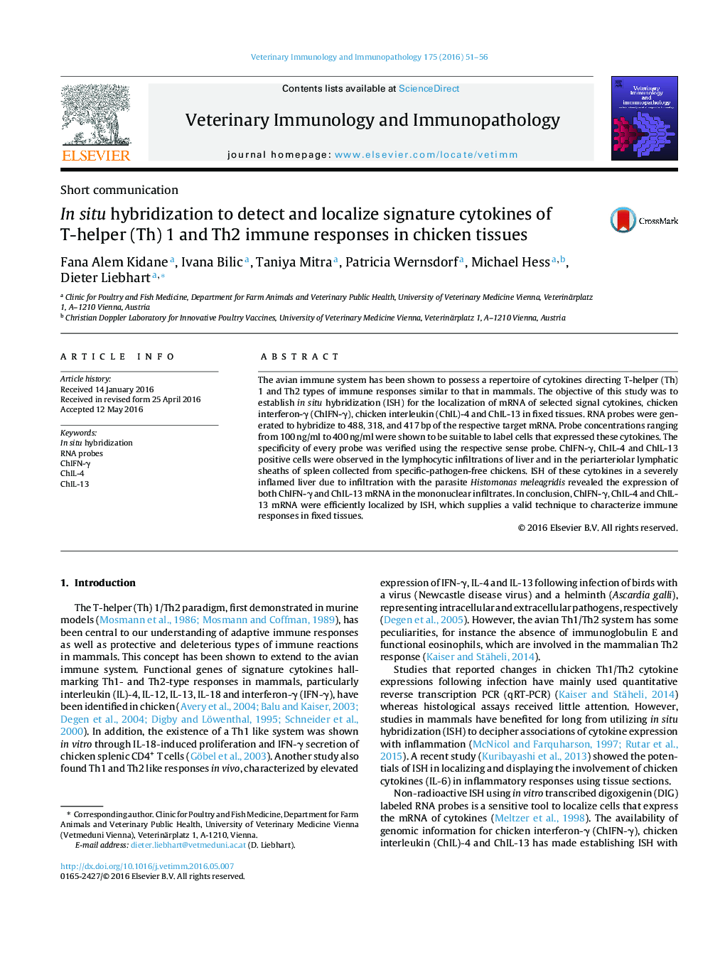 In situ hybridization to detect and localize signature cytokines of T-helper (Th) 1 and Th2 immune responses in chicken tissues