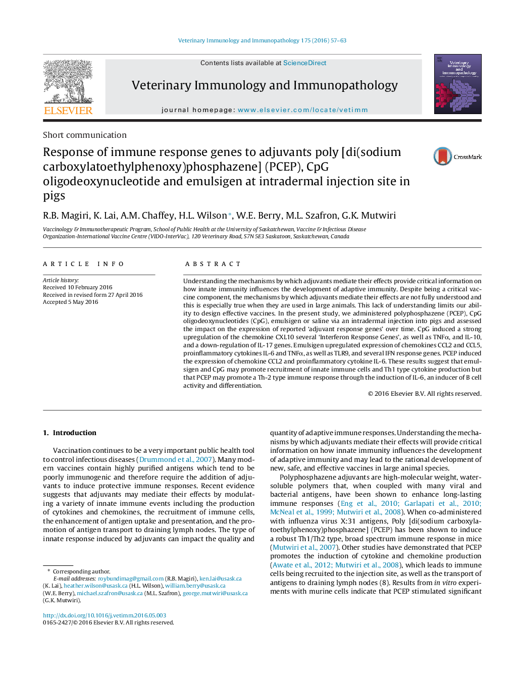 Response of immune response genes to adjuvants poly [di(sodium carboxylatoethylphenoxy)phosphazene] (PCEP), CpG oligodeoxynucleotide and emulsigen at intradermal injection site in pigs