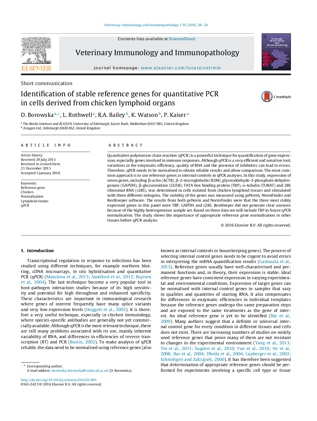 Identification of stable reference genes for quantitative PCR in cells derived from chicken lymphoid organs