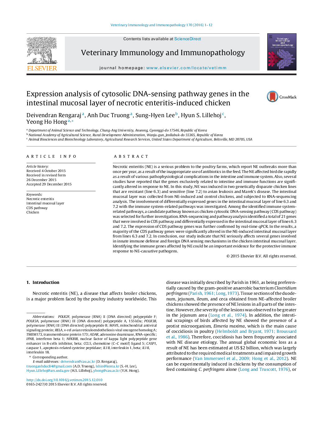 Expression analysis of cytosolic DNA-sensing pathway genes in the intestinal mucosal layer of necrotic enteritis-induced chicken