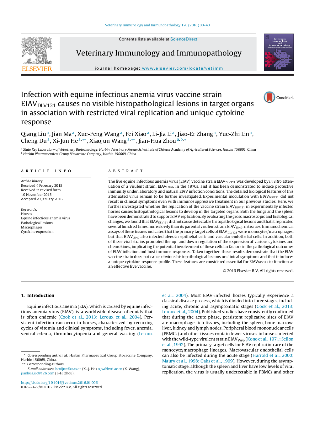 Infection with equine infectious anemia virus vaccine strain EIAVDLV121 causes no visible histopathological lesions in target organs in association with restricted viral replication and unique cytokine response