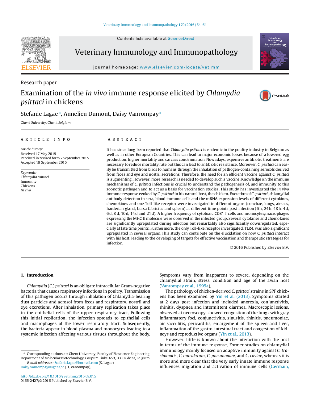 Examination of the in vivo immune response elicited by Chlamydia psittaci in chickens